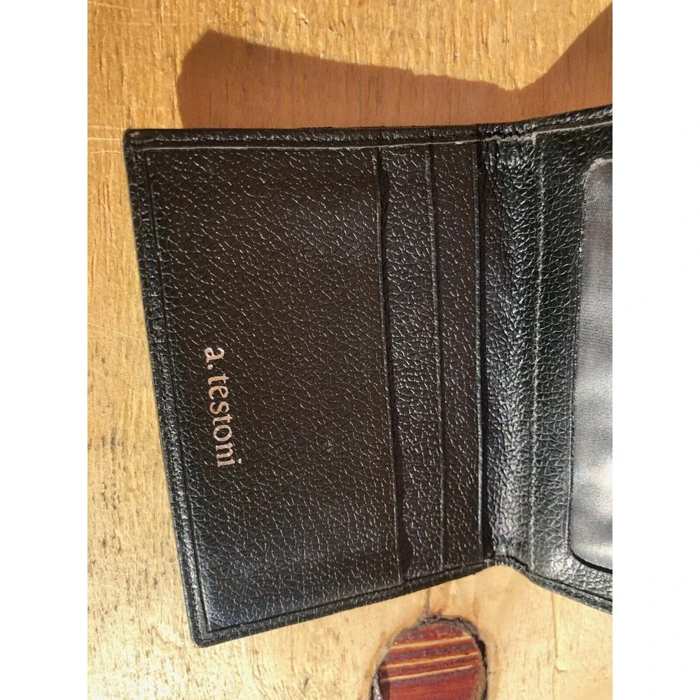 A. testoni men textile leather card wallet black and brown t logo